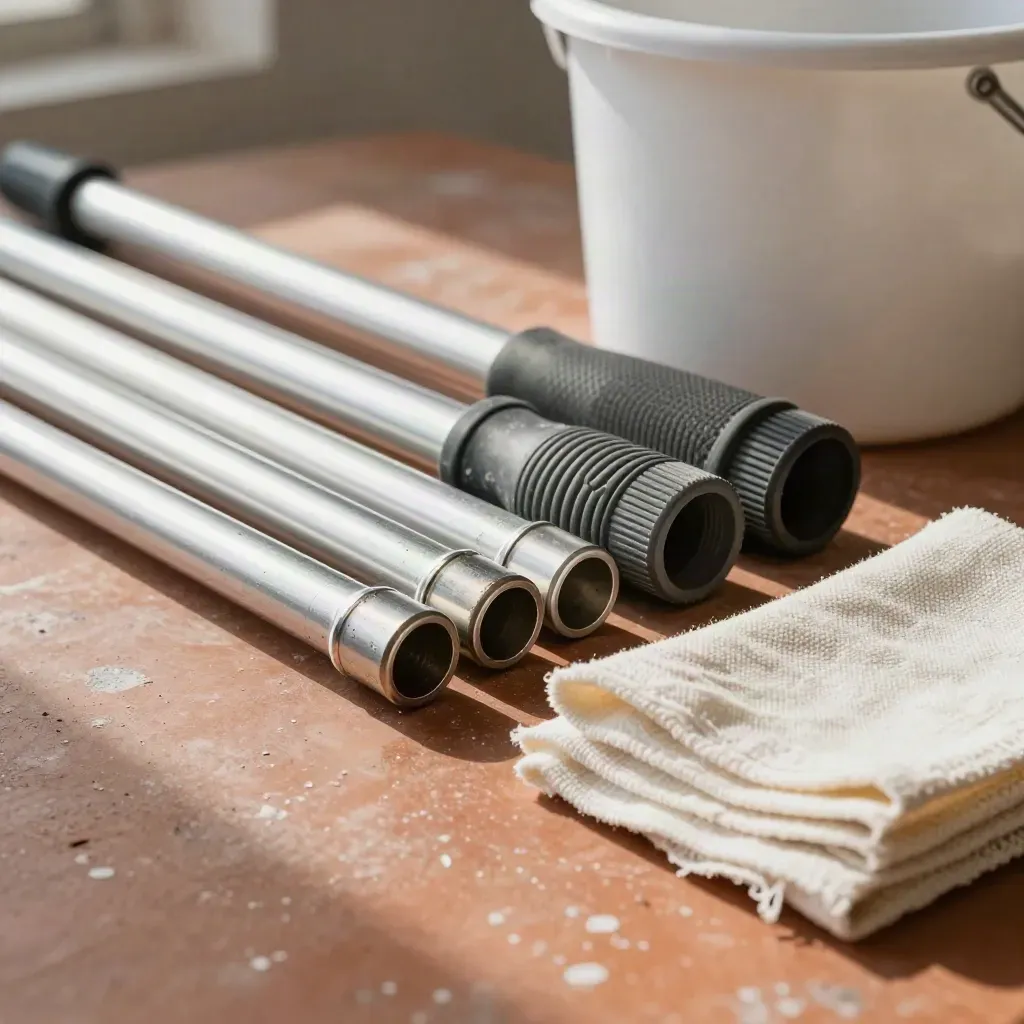 Cleaning tools arranged on a workshop bench: poles, wringer, hose ends, and folded cloths