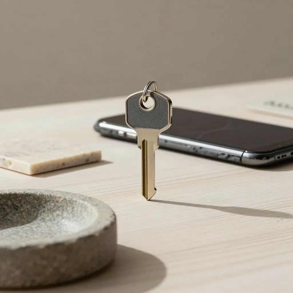 House key, dark phone, sample tile and stone catchall on pale wood