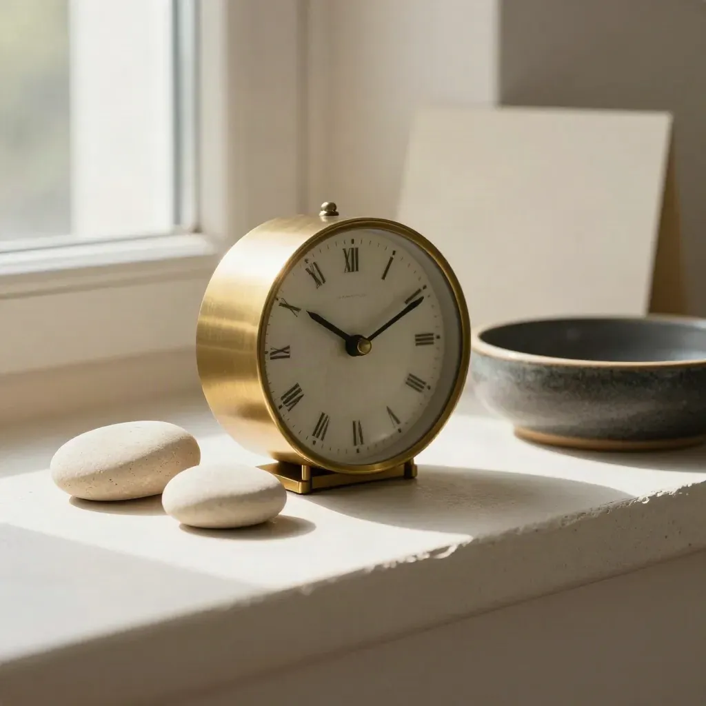 Brass desk clock with two cream stones and a ceramic catchall on a plaster ledge.