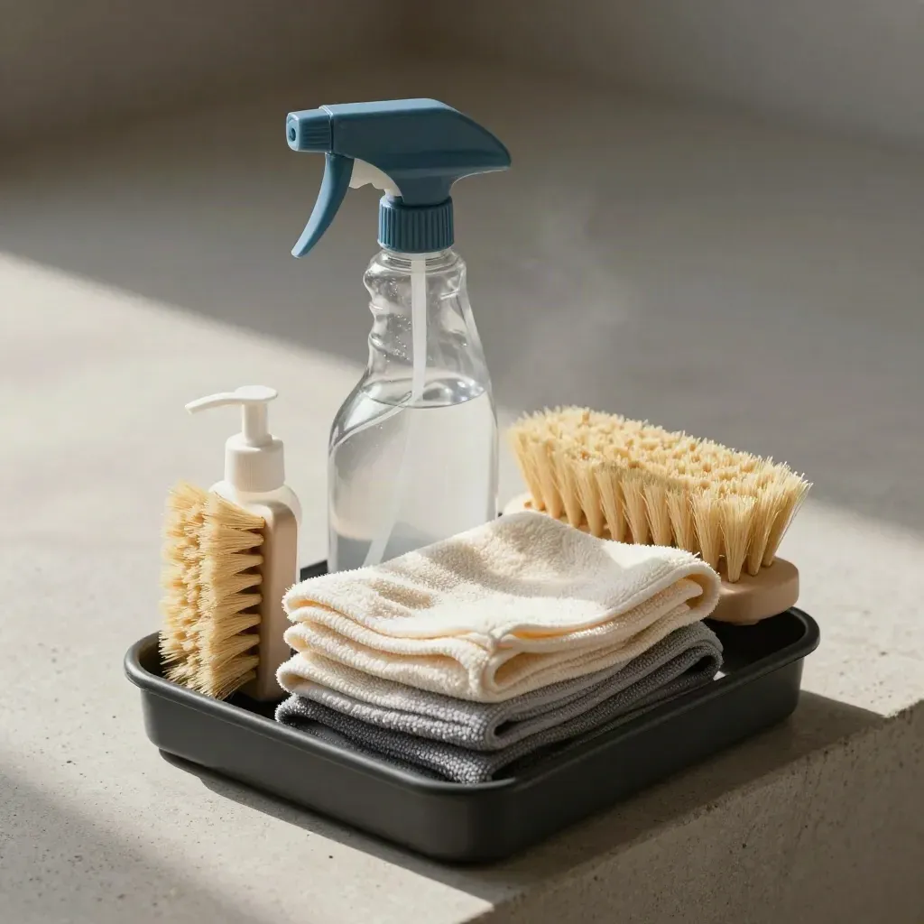 Cleaning caddy with spray bottle, cloths, scrub brush and pump sprayer on a rubber tray.