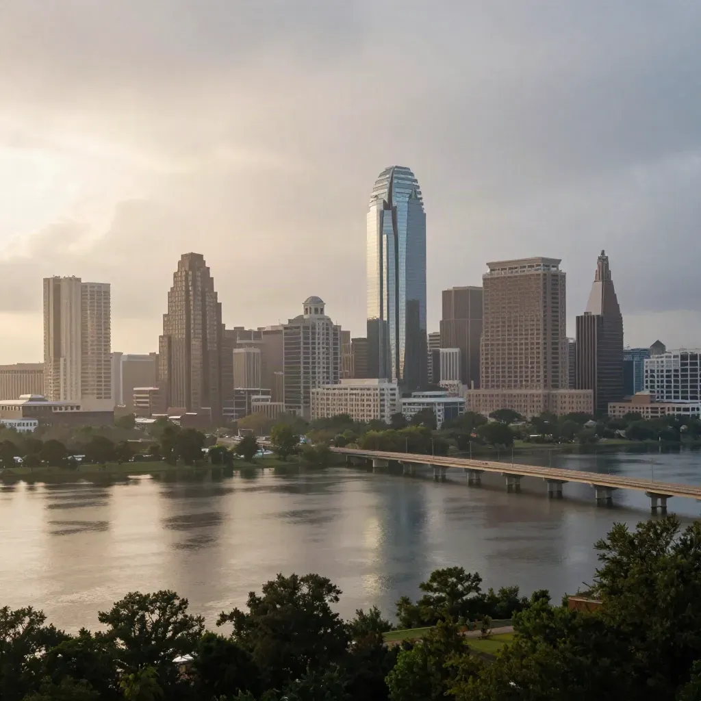 Austin skyline over Lady Bird Lake in sunrise haze after rain.