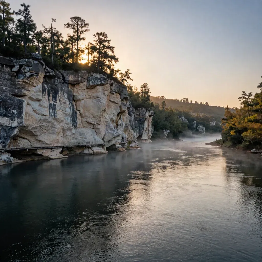 Hays County river bend at sunset with limestone bluff and cypress silhouettes