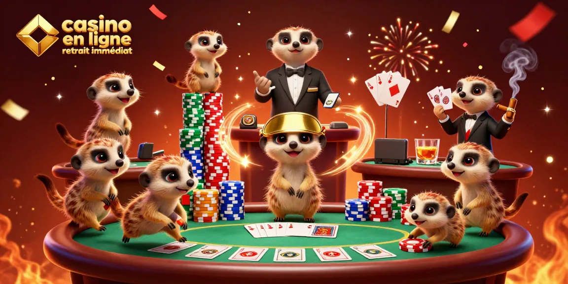 Réclamez vos gains dans un casino en ligne retrait immédiat avec une scène animée de suricates jouant aux cartes.