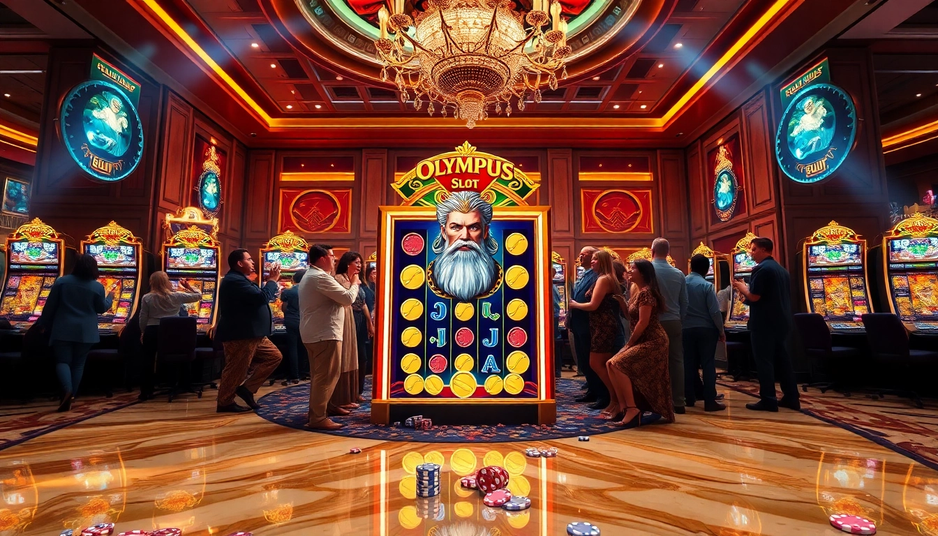 Exciting gameplay at Olympus slot machine featuring Greek mythology symbols and a vibrant casino atmosphere.