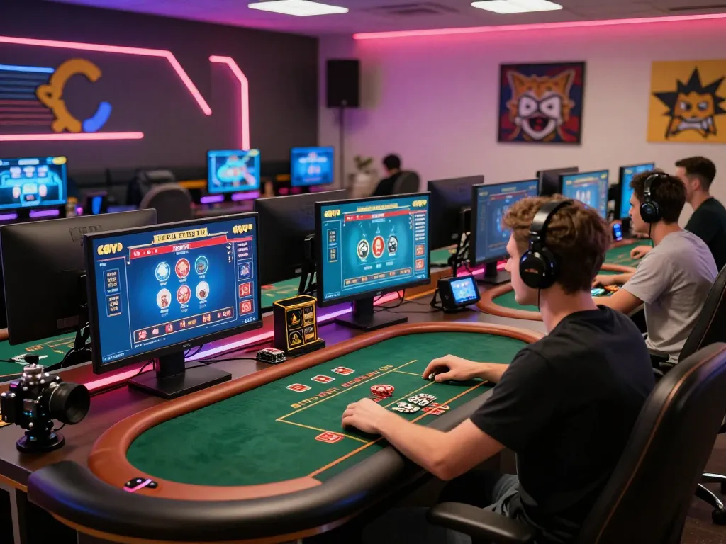 Agen Casino Online user engaged in live dealer game on multiple screens in a modern gaming setup.