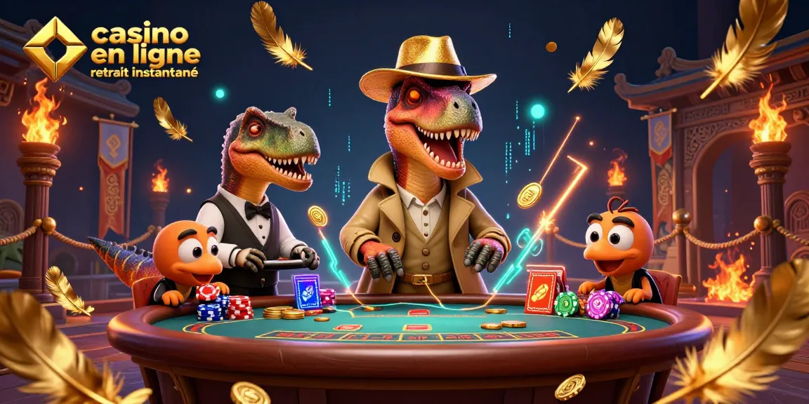 Visitez un casino en ligne retrait instantané avec une illustration artistique de dinosaures jouant à des jeux de cartes.