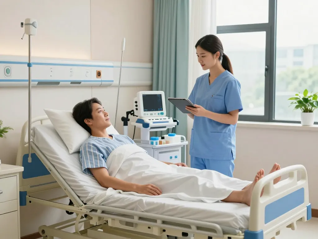 Giường bệnh nhân providing comfort and support in a modern healthcare environment with patient and caregiver interaction.