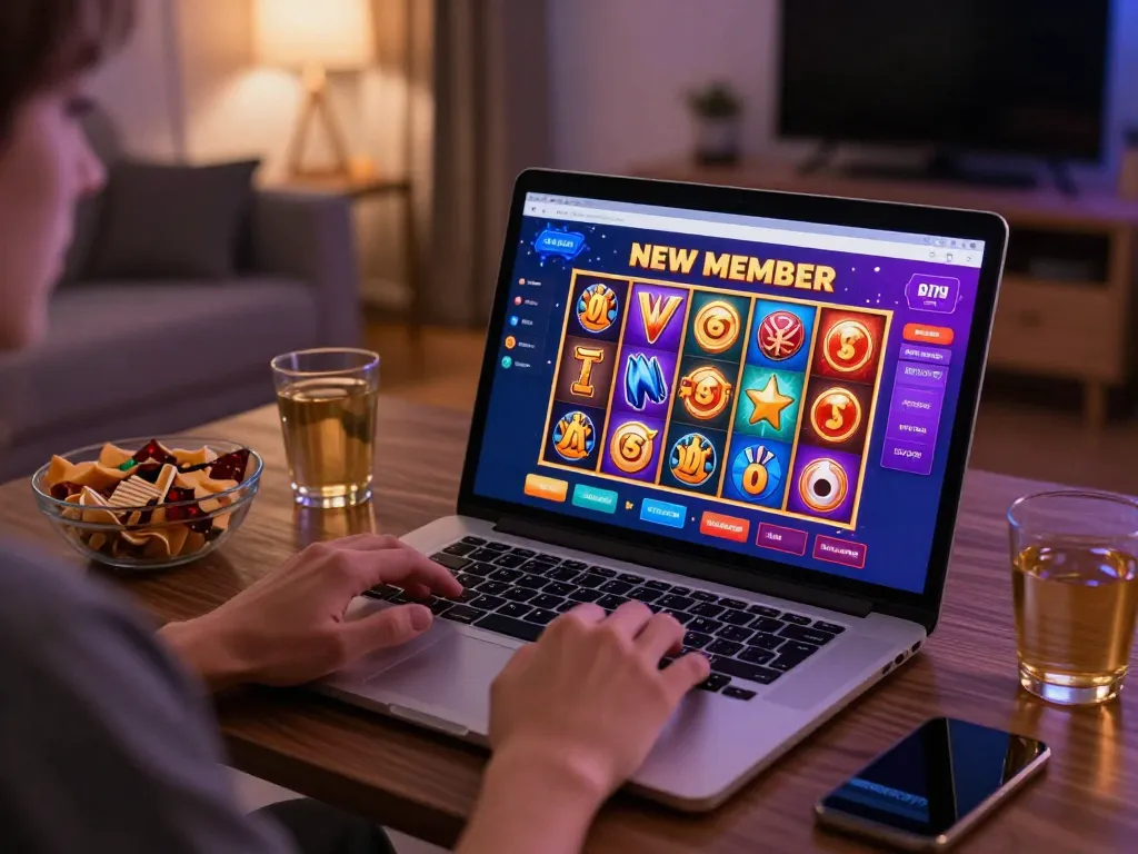 Engaging online gaming scene showcasing slot bonus new member promotions on a cozy living room laptop setup