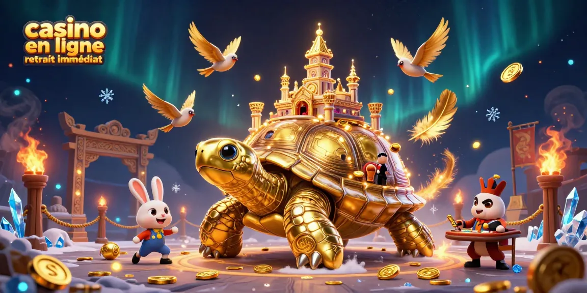 Explorez le casino en ligne retrait immédiat avec des gains rapides illustrés par une tortue dorée et un croupier.