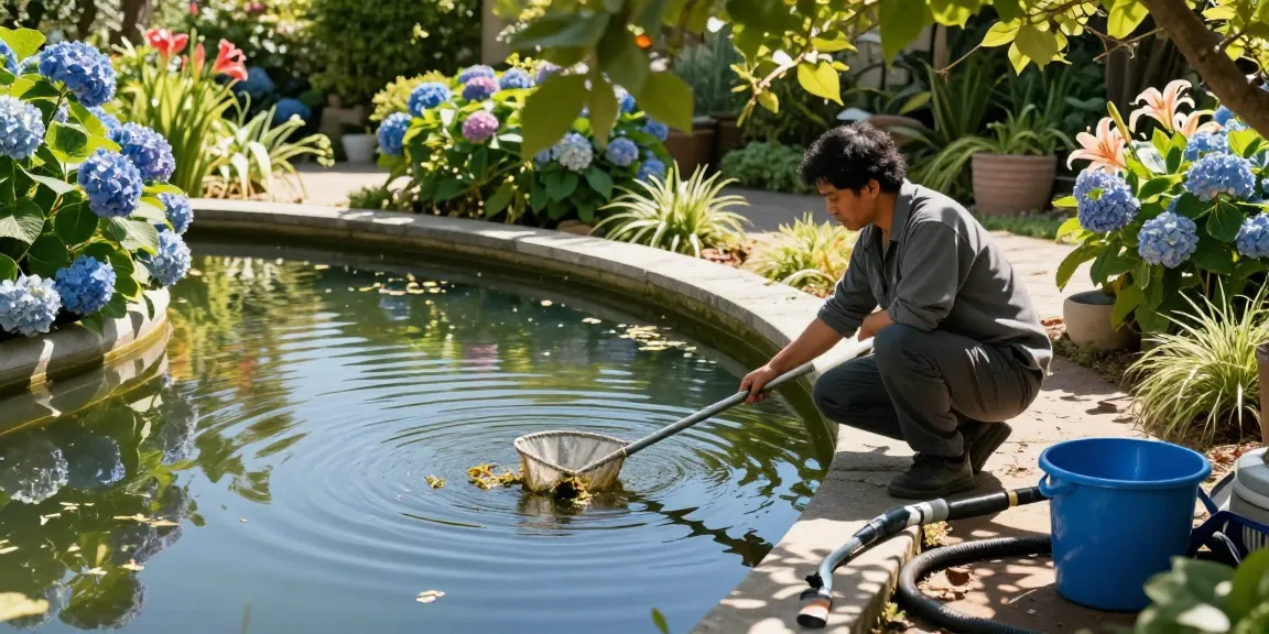 Professional Pond Cleaning Surrey services in action with a pond cleaner removing debris and enhancing garden aesthetics.