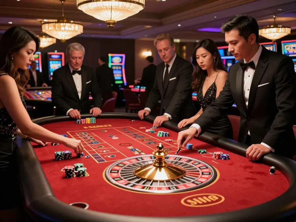Players engage at a roulette table while exploring 8kbetbh gaming options in a luxurious casino.