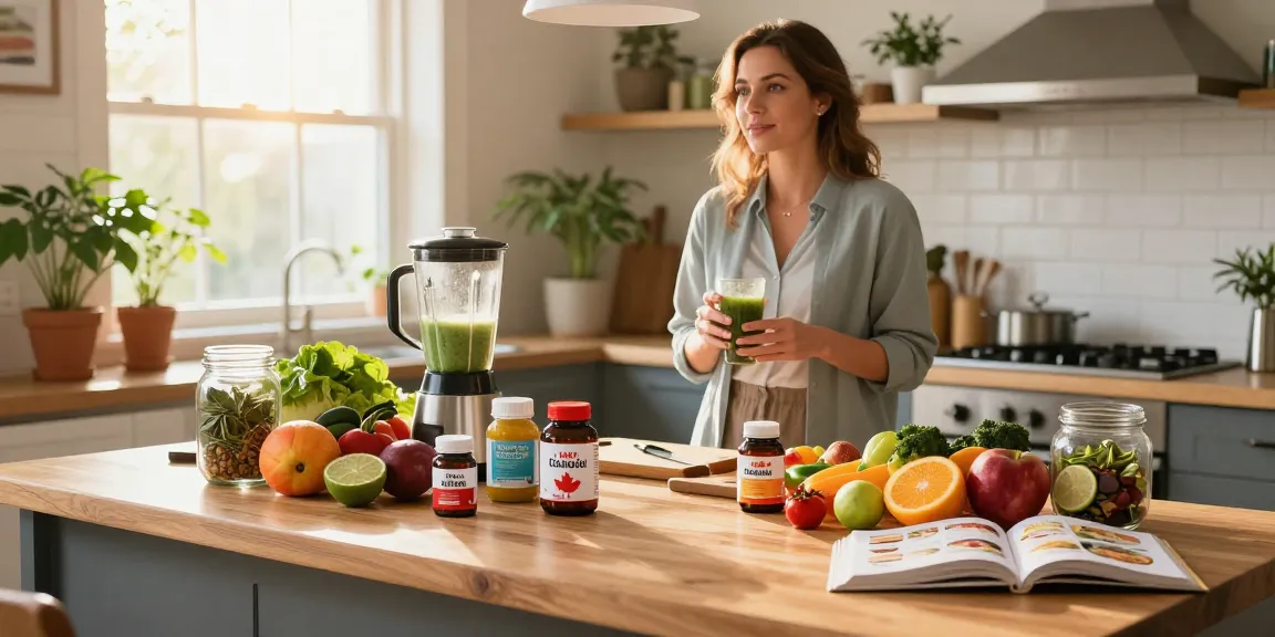 Variety of made in Canada supplements displayed with fresh produce in a bright kitchen.