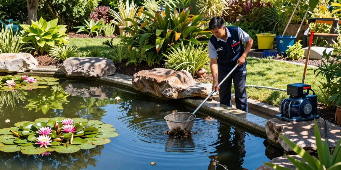 Professional Pond Cleaning Surrey featuring a skilled cleaner maintaining a picturesque garden pond.