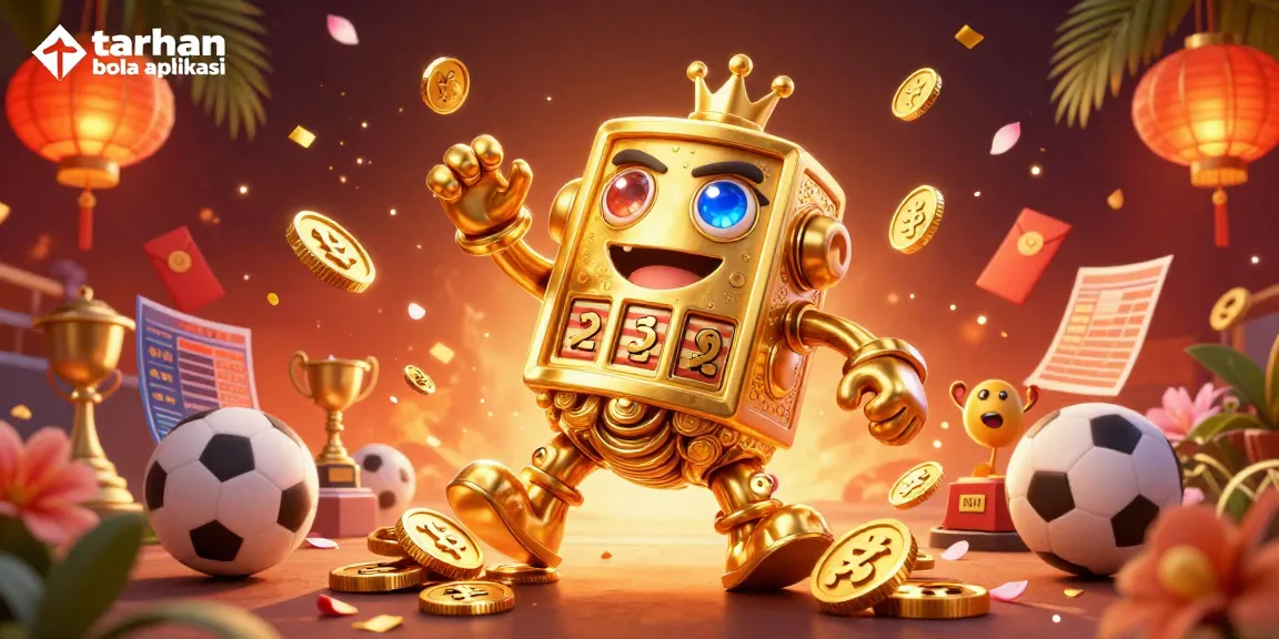Place bets using taruhan bola aplikasi in a vibrant sports betting scene featuring a golden golem and festive elements.