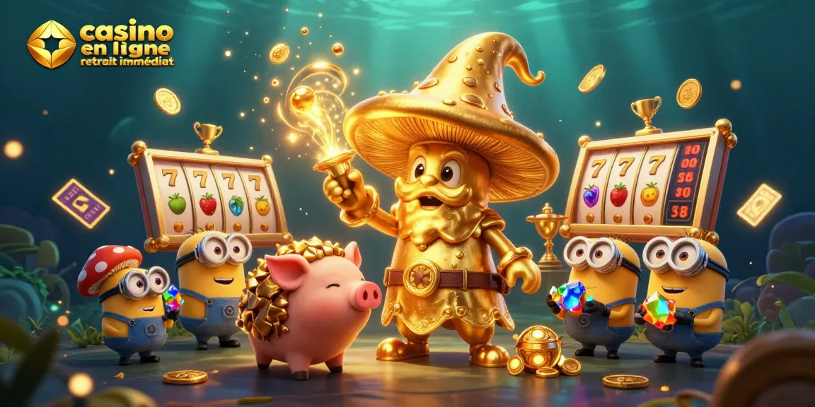 Découvrez l'illustration captivante de casino en ligne retrait immédiat, avec des éléments de jeux de machines à sous et une magie dorée.