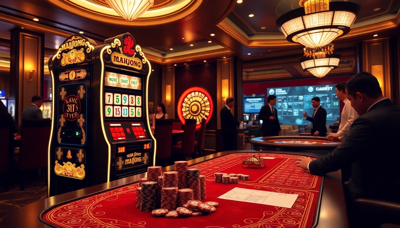 Rasakan sensasi demo Mahjong Slot di tengah suasana kasino yang meriah dengan chip poker dan lampu neon.
