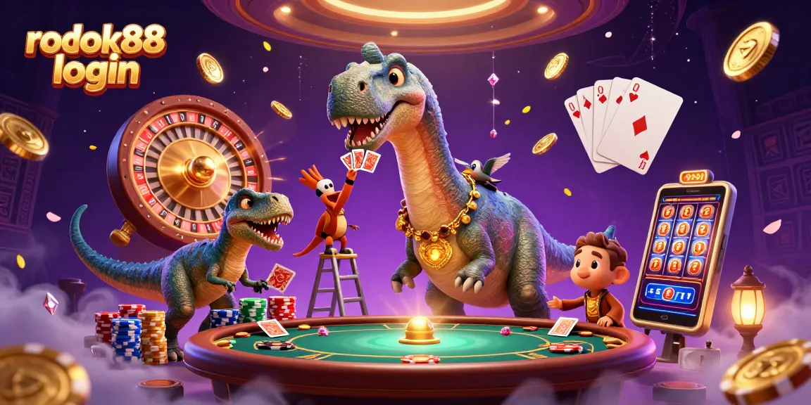 Join the fun with rokok88 login at the lavish casino scene featuring a giant brontosaurus and raptor dealers.