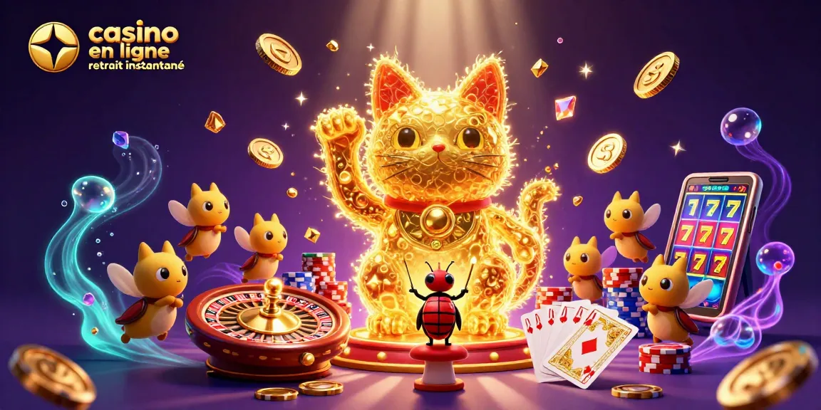 Profitez du casino en ligne retrait instantané avec une illustration captivante de symboles de jeu et de chance.