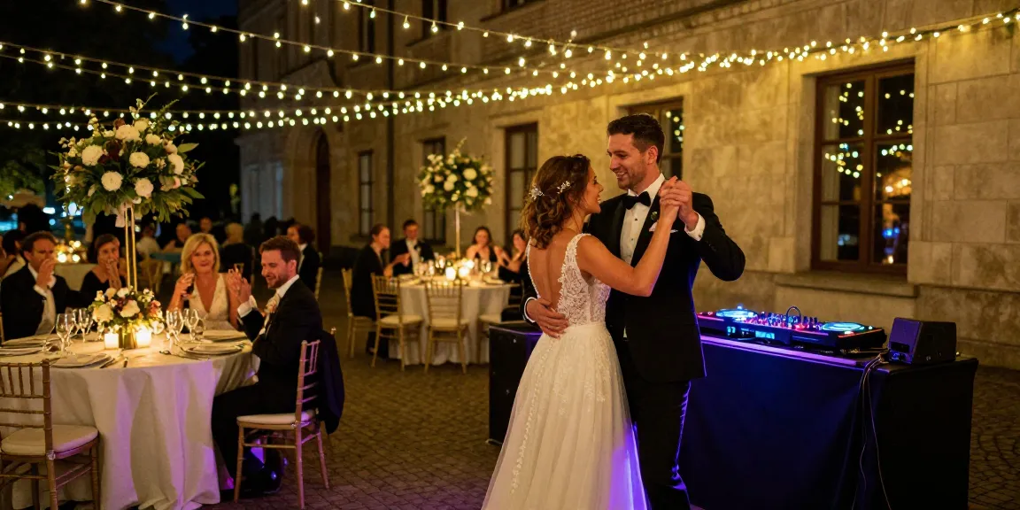DJ für Hochzeit in Berlin sorgt für Tanzstimmung unter romantischen Lichtern.