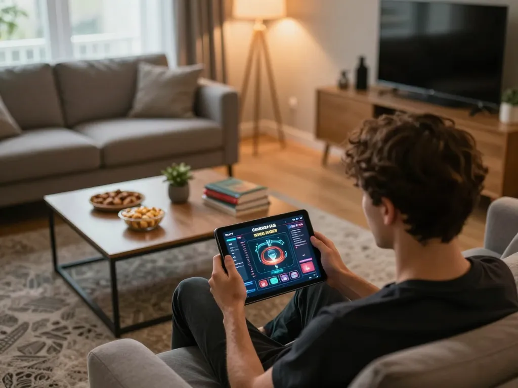Engaging in casinò online italiani non aams gaming at home, showing focused gameplay and cozy atmosphere.