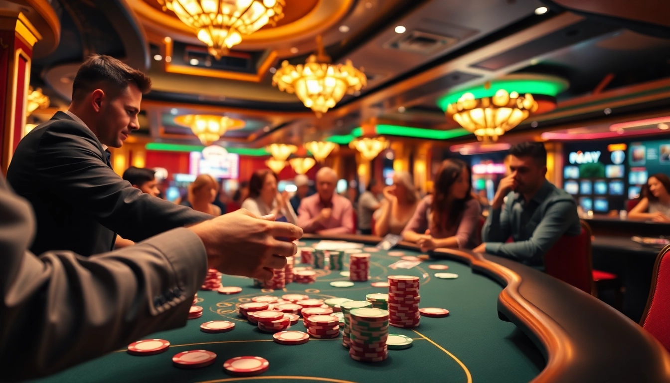 Situs toto yang menampilkan dealer kasino profesional di meja bermain yang ramai.