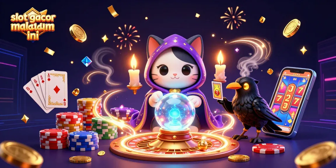 Experience slot gacor malam ini featuring a 3D mystical cat and raven amid celebratory casino elements.