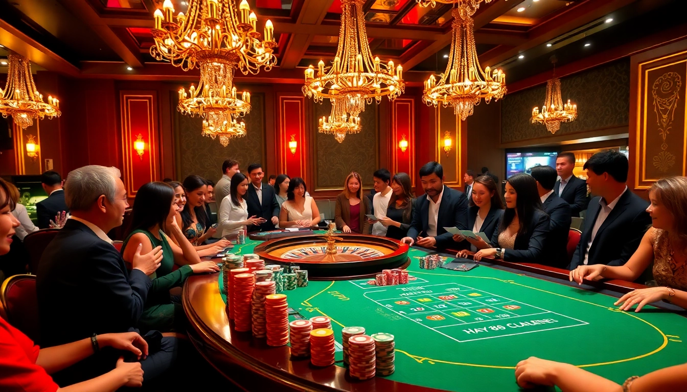 Players enjoying a thrilling game at Hay88's luxurious casino table with vibrant poker chips.