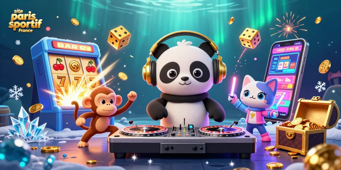 site paris sportif France : Un panda DJ dans un casino coloré avec des éléments de pari sportifs captivants.