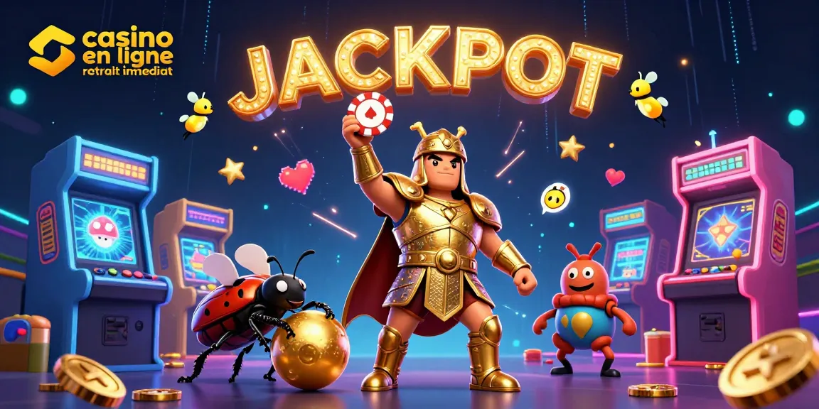 Casino en ligne retrait immédiat : illustration dynamique avec un scarabée guerrier célébrant un jackpot.