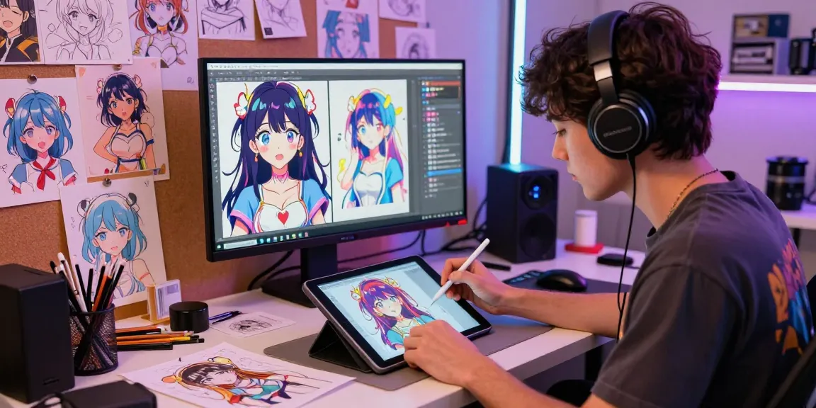 Digital artist creating stunning ecchi designs using AI ecchi technology in a colorful studio.