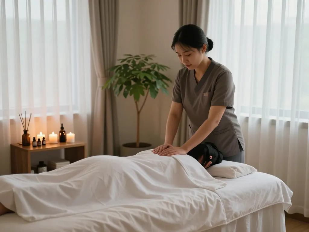 A calming 창원마사지 session in a tranquil spa room with ambient lighting and soothing elements for relaxation.