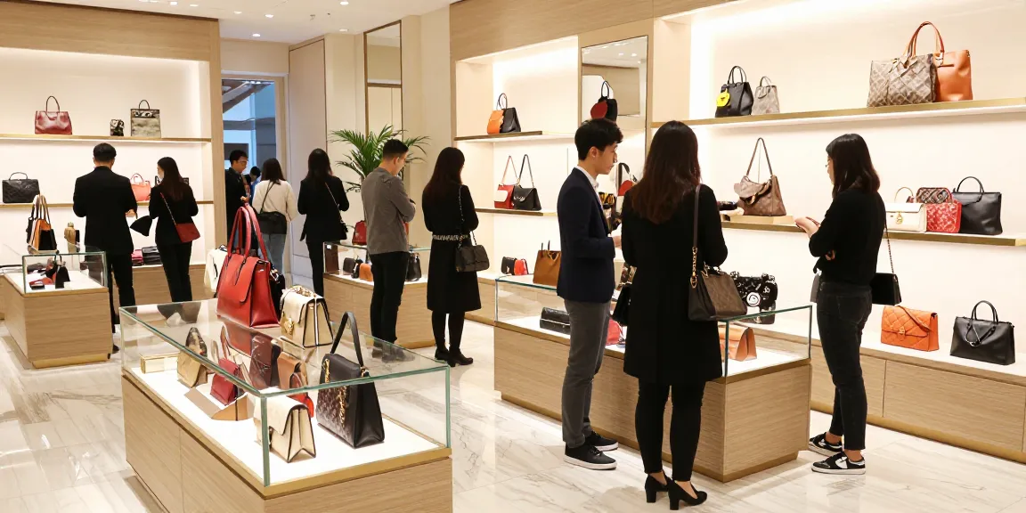 Shoppers exploring luxury 레플리카 handbags in upscale retail environment.