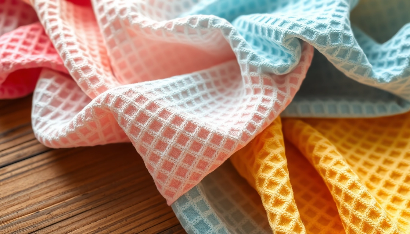 Een stuk wafel katoenen stof in zachte pastelkleuren op een houten oppervlak.