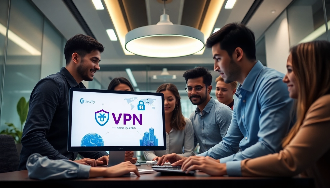 现代办公室场景中的快连VPN连接，连接多位专业人士。
