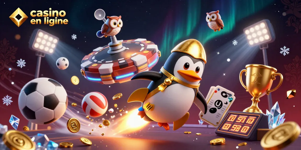 Animation ludique du casino en ligne avec un pingouin doré gagnant des pièces en voyage spatial.