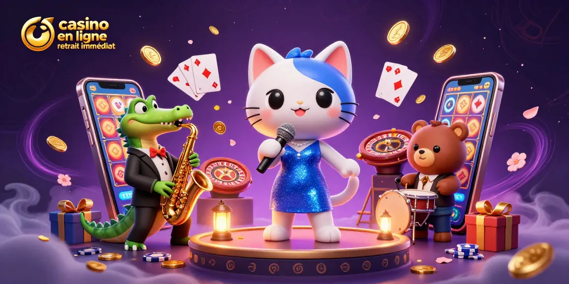 Jouez au casino en ligne retrait immédiat avec ce décor festif et coloré de personnages, jeux et éléments de fonds dynamiques.