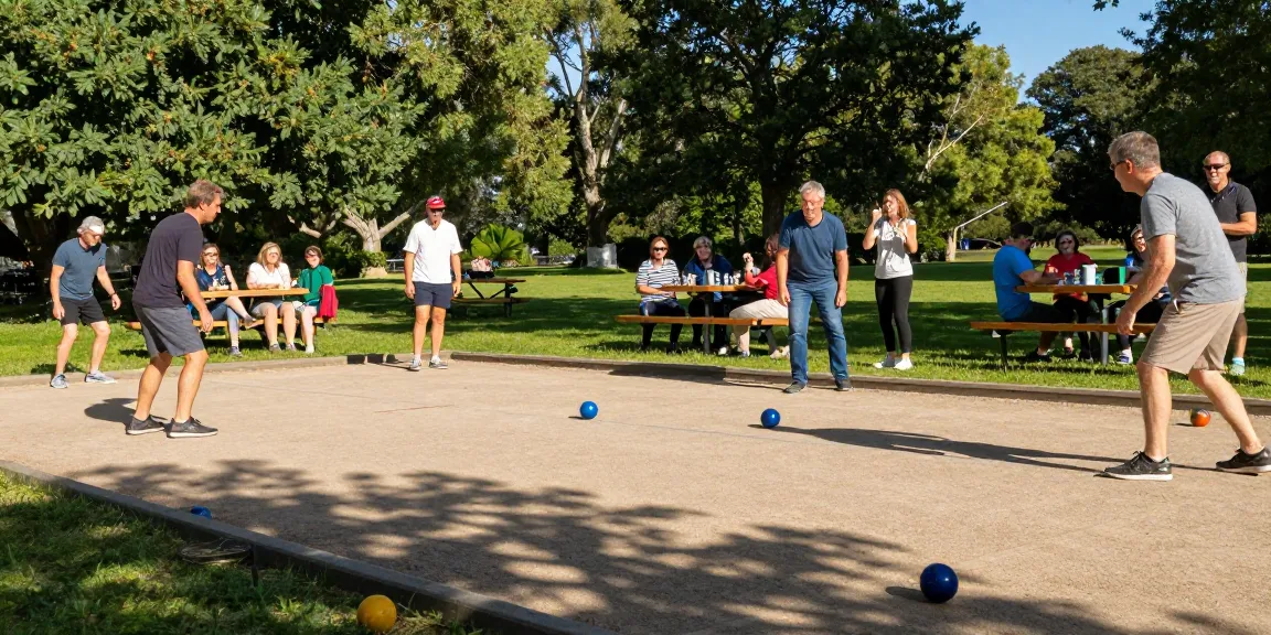 Lapangan petanque yang ramai di fopikotatomohon.org, pemain bersemangat bersaing, suasana ceria dan bening.