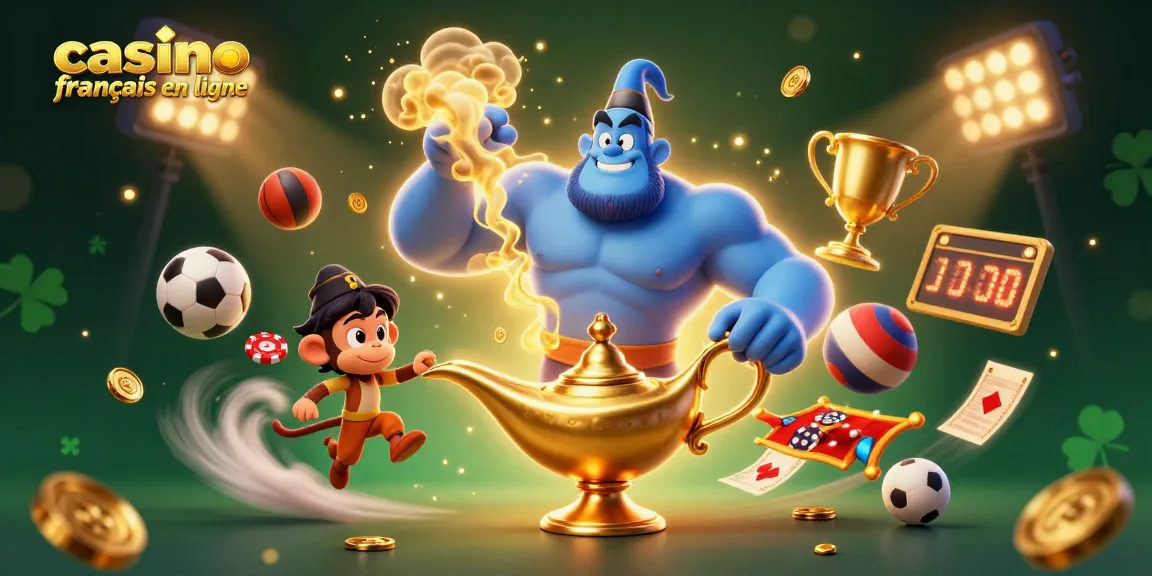 Ce visuel dynamique met en avant les jeux et les enjeux du casino français en ligne, où les personnages s'animent autour d'un tapis magique.