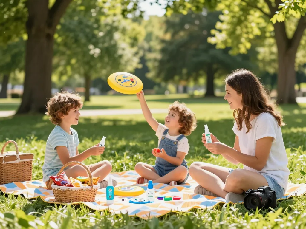 Family applying mosquito repellent while enjoying a picnic in a sunny park, surrounded by nature.