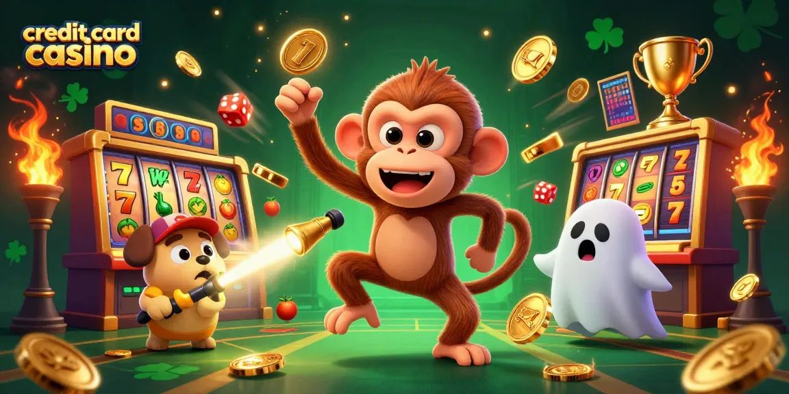 Experience the excitement of a credit card casino with a playful monkey and ghost-hunter puppy.