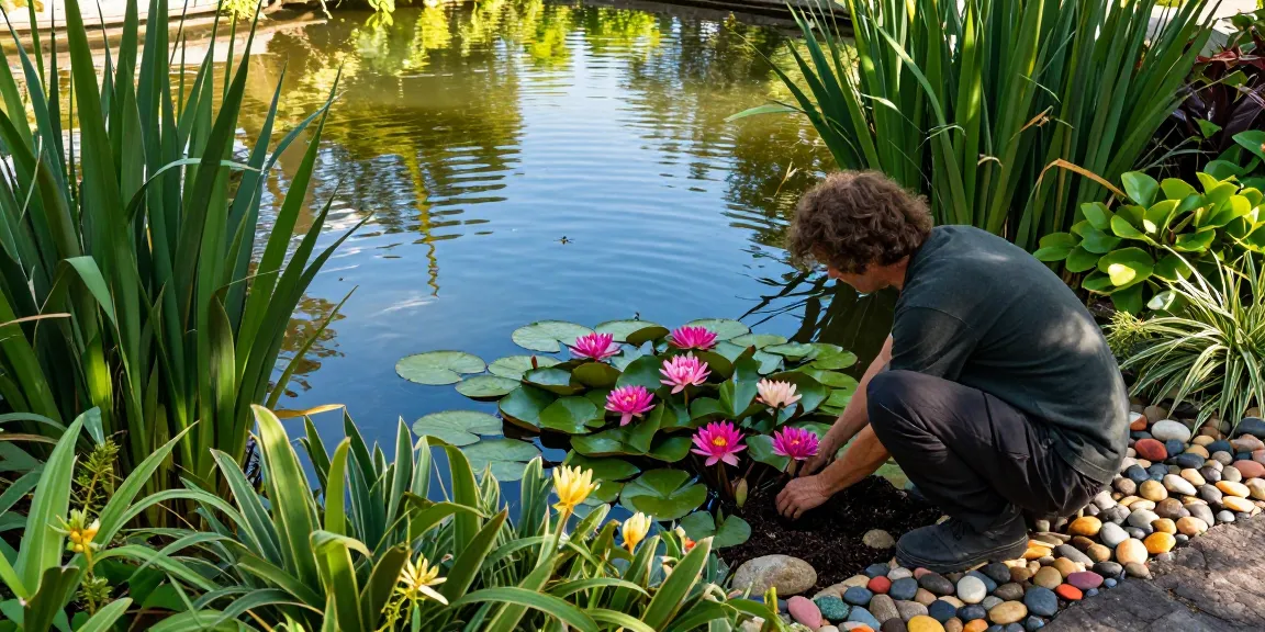 Vibrant marginal pond plants being planted by a gardener by the pond's edge.