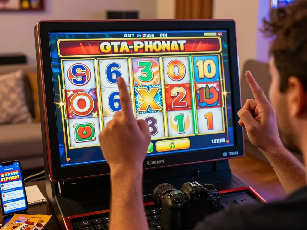 Player celebrating a jackpot win at GTAtogel online slots, showcasing excitement and vibrant gaming atmosphere.