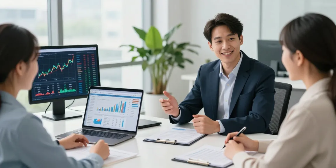Consultation on 소액결제현금화 in a modern financial office with graphs and data on display.