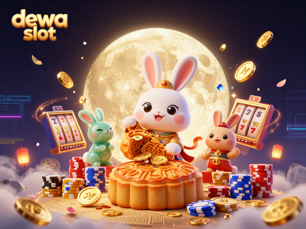 Permainan dewa slot dengan kelinci bulan dan koin emas terbang di latar belakang.