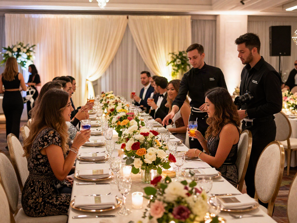 Event furniture rental creating a sophisticated dining experience in a luxurious banquet hall.