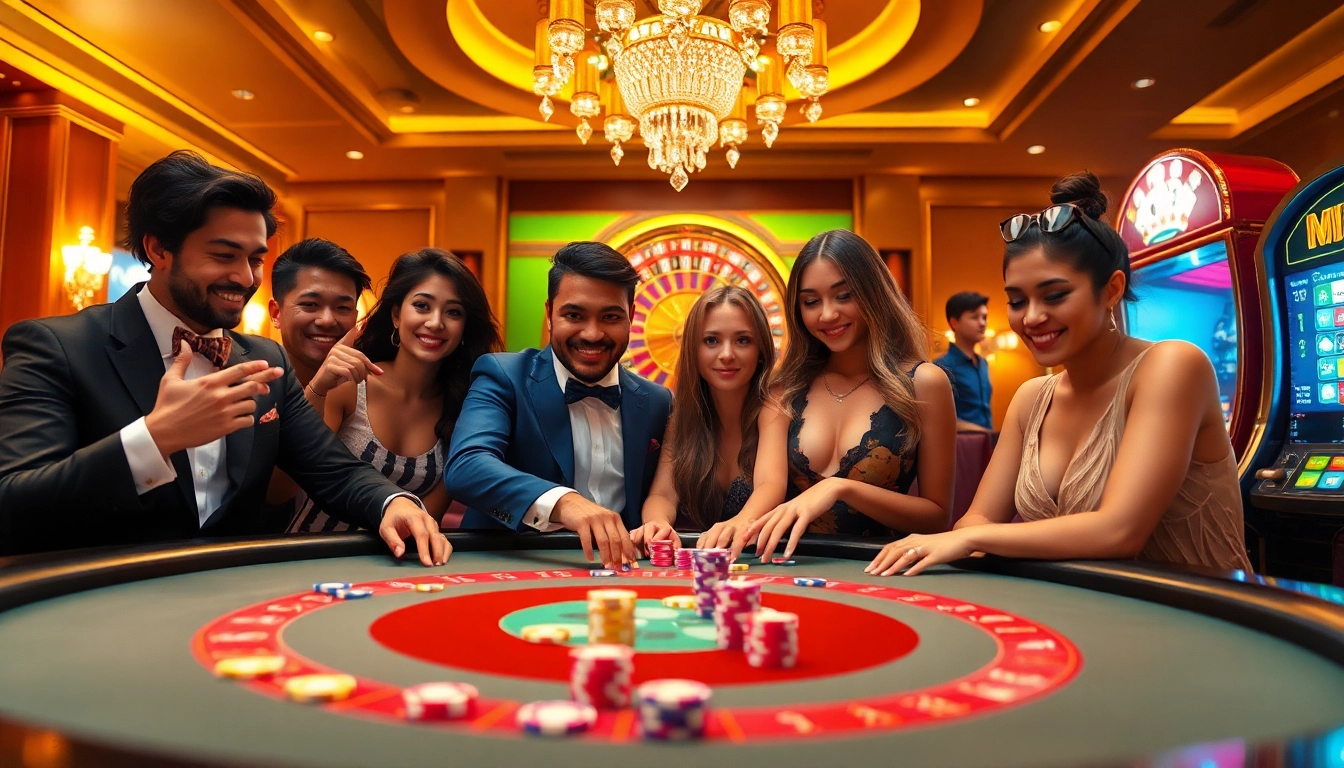 Excited gamblers engaging with Gopay88 online gaming features at a vibrant casino scene.
