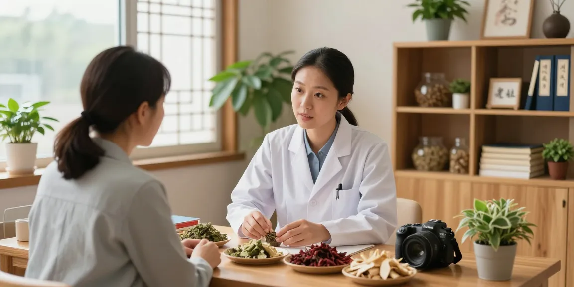 Engaging consultation at 수원한의원, showcasing herbal remedies and a compassionate practitioner.