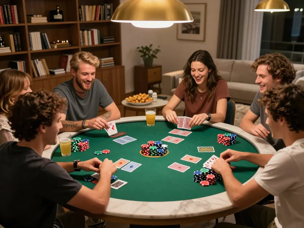 Friends playing poker in a cozy home setup, showcasing hitclubapk gaming strategies with excitement.