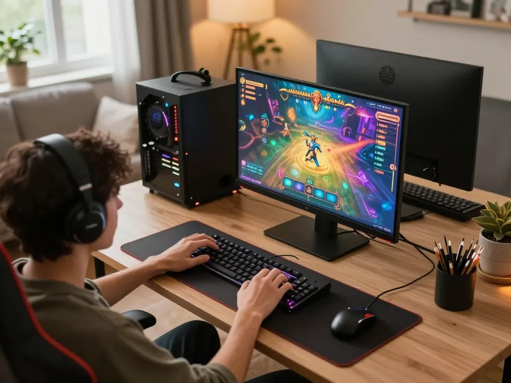 Engaging in ทดลองเล่นสล็อต at home on a sleek computer amidst a cozy gaming setup.