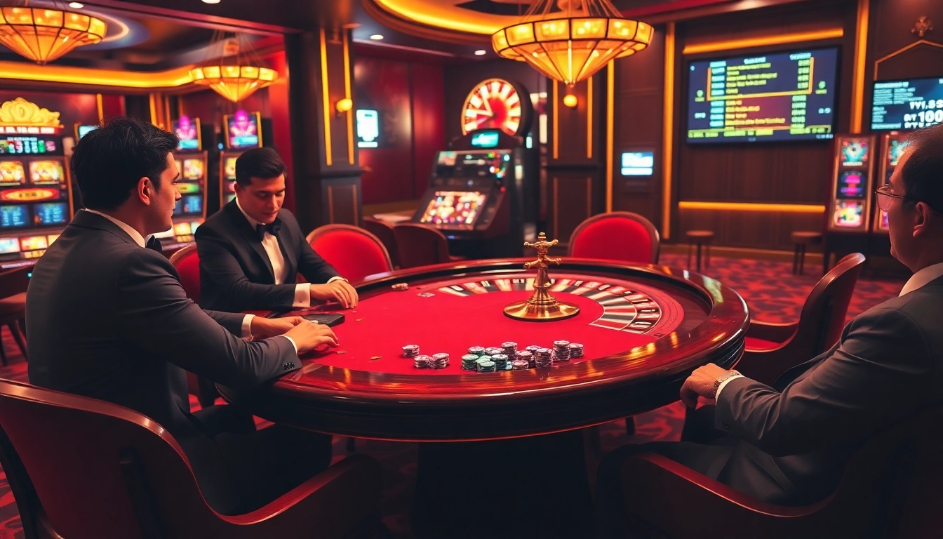 Vivez l'excitation des meilleurs casinos en ligne avec des joueurs à une table de poker et une roue de roulette en rotation.